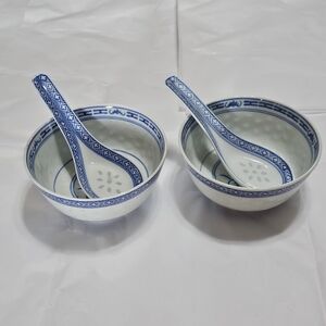Vintage Chinese Jingdezhen rice grain porcelain bowls, spoons, 4 Pieces, 2 Sets